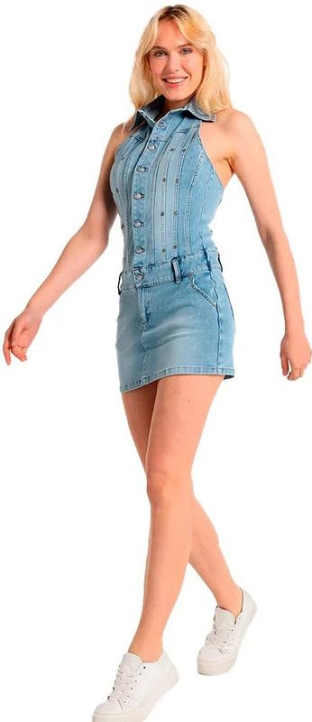 Lois Jeansvoor vrouwen. 290352610 Korte bustierjurk met knoopsluiting en open rug in blauw (S), Casual, Katoen, Denim, Mouwloos / spaghettib