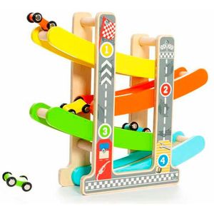 Molto Wooden Car Ramp Track Includes 4 Cars Transparant