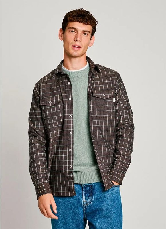 Pepe Jeans - Overhemd - Grijs - Polyester - Lange Mouwen - Ruitjesprint