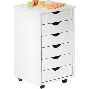 Dmora Office Commode Met Zes Laden Op Wielen Witte Kleur 36x65x40 Cm