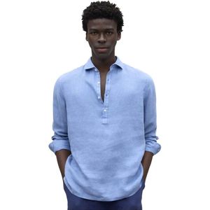 ECOALFvoor mannen. MCMGASRPOLIN0725S25-168 Polino blauw shirt (S), Casual, Vlas, Lange mouwen, Duurzaam