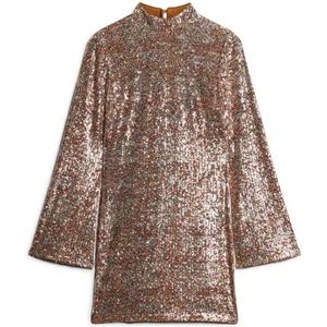 Superdry - W8011773A - Mini Jurk - Goudkleurig - Paillettenprint - Lange Mouwen