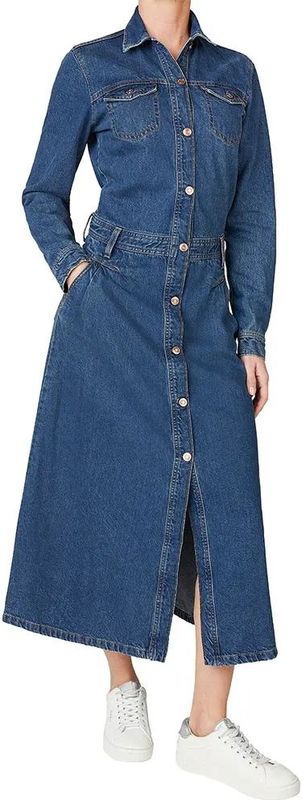 Pepe Jeans - PL9537686 Becky - Midi-jurk - Marineblauw - Katoen - Lange Mouwen