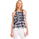 Lois - Mouwloze Blouse - Marineblauw - Vichyruitjesprint - Casual - Katoen