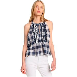 Lois - Mouwloze Blouse - Marineblauw - Vichyruitjesprint - Casual - Katoen