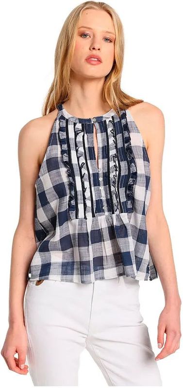 Lois - Mouwloze Blouse - Marineblauw - Vichyruitjesprint - Casual - Katoen