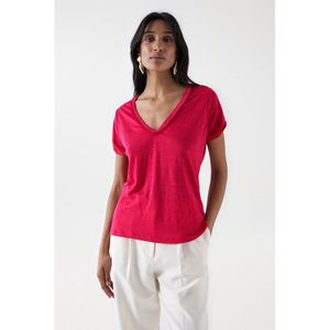 Salsa Jeans Fringe Detail Short Sleeve V Neck T-shirt Roze M Vrouw