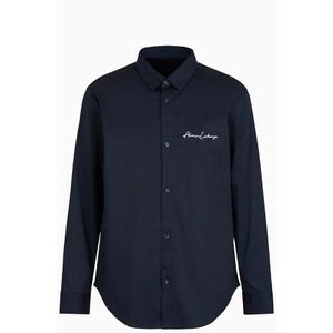 Poplin - Klassiek Overhemd - Blauw - 97% Katoen 3% Elastaan