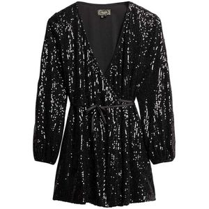 Superdry Sequin Wrap Long Sleeve Short Dress Zwart XL Vrouw