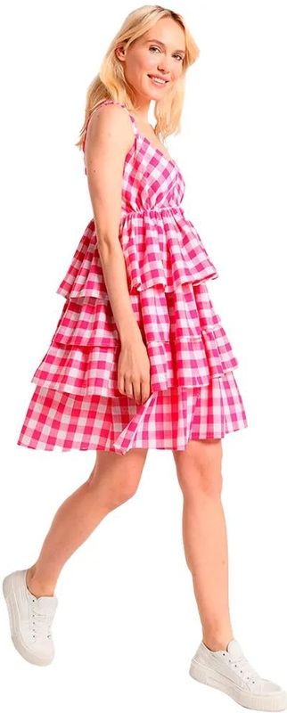 Lois - Korte Strapless Jurk - Roze - Vichyprint - Katoen - Casual