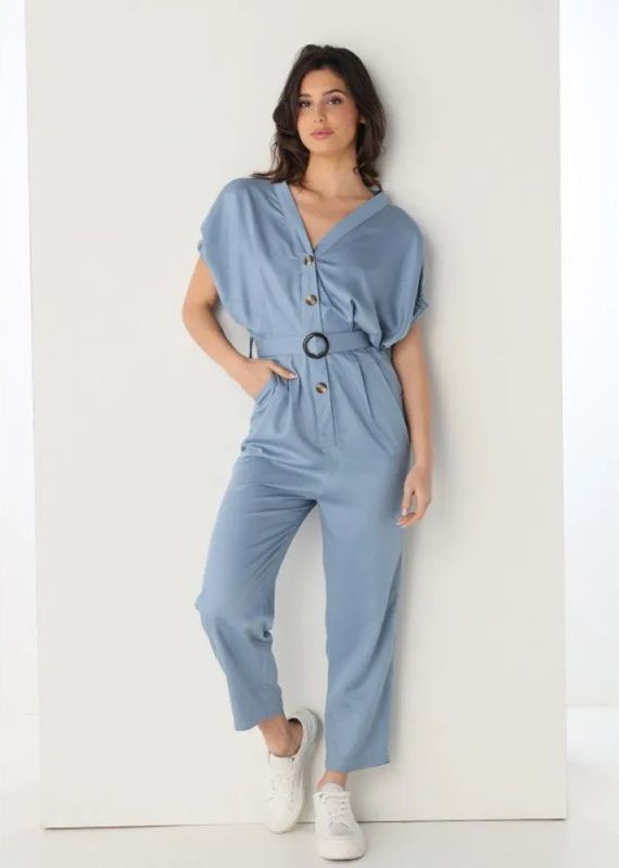 Victorio & Lucchino, V&Lvoor vrouwen. 3595739 Lange jumpsuit met blauwe riem (S), Casual, Viscose, Korte mouwen