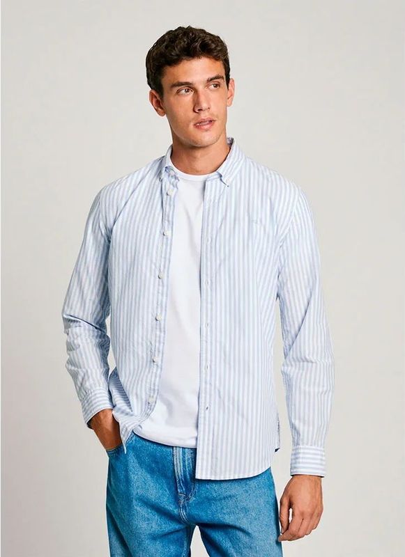 Overhemd - Blauw - Katoen - Slanke Pasvorm - Lange Mouwen - Bengaals Streepdessin