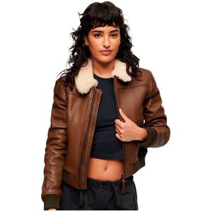 Superdry Leather Borg Collar Leather Jacket Bruin 2XS Vrouw