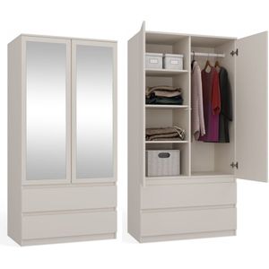 Kledingkast - Creme - 90 cm - Met Spiegel - TIP-ON Kastdeursysteem