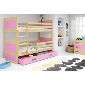 stapelbed  Rico 90 x 200 met opberglade en matrassen Licht eiken roze