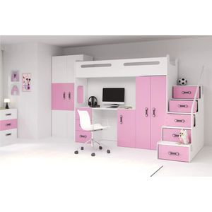 tienerbed/hoogslaper met bureau en matras Max 4 Wit roze