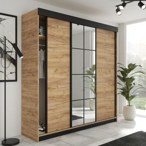 Lamaro - Kledingkast - Eiken Zwart - 200 cm - Schuifdeur met Spiegel