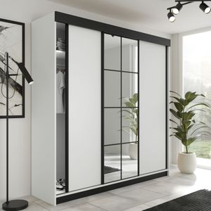 Schuifdeurkast  met spiegel  lamaro 200 cm  wit zwart Wit zwart