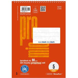 Staufen ""Premio"" Spiralblock DIN A5 kariert ohne Rand, 40 Blatt, 90 g/m², Lineatur 5