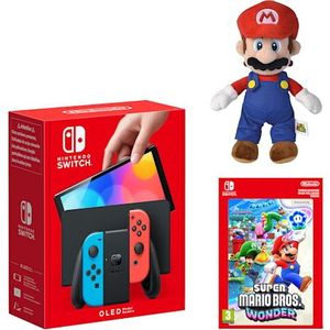 Bundel met Nintendo Switch – OLED-model (neonblauw/neonrood)  Super Mario Bros. Wonder + Mario-knuffel