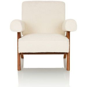 POOLY - Loungestoel - Wit - Boucléstof - Houten Frame