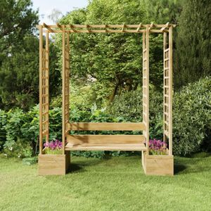 <p>Versier je tuin met onze massief grenenhouten pergola! Deze pergola is speciaal ontworpen om een stabiele basis te bieden voor klimplanten en om een prachtige zithoek te creëren waar je heerlijk kunt ontspannen.</p>
<p>De pergola is gemaakt van hoogwaardig massief grenenhout, een prachtig natuurlijk materiaal. Het hout heeft rechte nerven en de noesten geven het een kenmerkende rustieke uitstraling.</p>
<p>Deze multifunctionele tuinboog is voorzien van een bank en 2 plantenbakken, perfect voor het laten groeien van rozen en andere klimplanten. Het biedt een ideale plek om even op adem te komen en te genieten van de prachtige bloemen in volle bloei.</p>
<p>Met zijn unieke ontwerp is deze massief houten pergola een opvallende en praktische blikvanger in je tuin. Houd er rekening mee dat hout een natuurlijk product is en daarom oneffenheden kan vertonen.</p>
<ul>
  <li>Materiaal: massief grenenhout, groen geïmpregneerd</li>
  <li>Totale afmetingen: 230 x 60 x 198 cm (L x B x H)</li>
  <li>Afmetingen plantenbak: 49 x 41 x 30 cm (L x B x H)</li>
  <li>Breedte bank: 110 cm</li>
  <li>Montage vereist</li>
</ul>