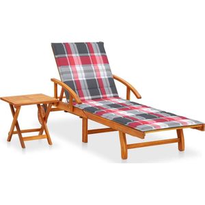 Ligstoelen 1 of 2 St Met Tafel En Kussens Massief Acaciahout /  Rood ruitpatroon / 1 ligbed met tafel