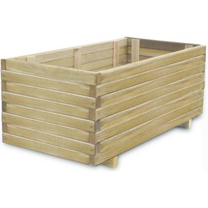 <p>Deze houten verhoogde plantenbak is perfect voor het kweken van je favoriete planten, groenten, kruiden en bloemen. Met zijn ruime ontwerp biedt hij voldoende ruimte voor al je groene creaties.</p>
<p>Het eenvoudige en rechthoekige design van deze plantenbak maakt hem een stijlvolle toevoeging aan elk balkon, terras of patio. Hij past moeiteloos in elke buitenruimte.</p>
<p>Gemaakt van groen geïmpregneerd grenenhout, is deze plantenbak niet alleen stevig en duurzaam, maar ook rotbestendig. Hierdoor kan hij jarenlang meegaan, zelfs in verschillende weersomstandigheden.</p>
<p>De 2 houten poten aan de onderkant van de plantenbak zorgen voor extra stabiliteit, zodat je je geen zorgen hoeft te maken over wiebelen of omvallen.</p>
<p>De montage van deze plantenbak is zeer eenvoudig, waardoor je snel kunt genieten van je nieuwe groene oase. Volg gewoon de meegeleverde instructies en je bent klaar om te gaan.</p>
<p>Houd er rekening mee dat hout een natuurlijk product is en daarom kunnen er oneffenheden voorkomen. Dit draagt echter bij aan de charme en authenticiteit van de plantenbak.</p>
<ul>
  <li>Materiaal: grenenhout, groen geïmpregneerd</li>
  <li>Rotbestendig</li>
  <li>Totale afmetingen: 100 x 50 x 40 cm (L x B x H)</li>
  <li>Binnenafmetingen: 94 x 44 x 35 cm (B x D x H)</li>
  <li>Eenvoudig te monteren</li>
</ul>
<p>Met deze houten verhoogde plantenbak creëer je een prachtige en functionele toevoeging aan je buitenruimte. Geniet van het kweken van je eigen planten en voeg een vleugje natuur toe aan je balkon, terras of patio.</p>