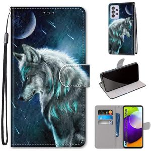 Voor Samsung Galaxy A52 5G gekleurde tekening kruis textuur horizontale flip pu lederen hoesje met houder &amp; kaart slots &amp; portemonnee &amp; lanyard (peinzende wolf)