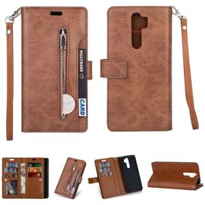 Voor Xiaomi Redmi Note 8 Pro Multifunctionele Rits Horizontale Flip Lederen Case met Holder &amp; Wallet &amp; 9 Card Slots &amp; Lanyard(Bruin)