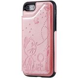 Voor iPhone 8/7 kat Bee reliëf patroon schokbestendige beschermende case met kaartsleuven &amp; fotolijstjes (Rose goud)