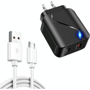 LZ-819A+C 18W QC3.0 USB + PD USB-C / Type-C Interface Travel Charger met Indicator Light + USB naar Micro USB Fast Charging Data Cable Set  US Plug(Black)