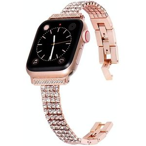 Diamant-set metalen horlogeband met vier rijen voor Apple Watch Series 7 45 mm / 6 &amp; SE &amp; 5 &amp; 4 44mm / 3 &amp; 2 &amp; 1 42 mm (Rose Gold)
