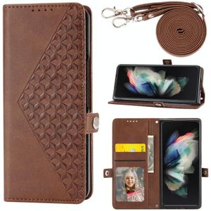 Voor Samsung Galaxy Z Fold4 Cubic Grid Kalf Textuur Lederen Telefoon Case met Nekkoord (Bruin)