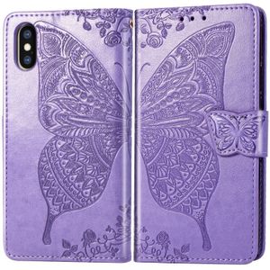 Butterfly Love bloemen reliëf horizontale Flip lederen case voor iPhone XS Max  met houder &amp; kaartsleuven &amp; portemonnee &amp; Lanyard (licht paars)