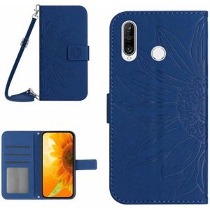 Voor Huawei P30 Lite Skin Feel Sun Flower Pattern Flip Leather Phone Case met Lanyard (Donkerblauw)