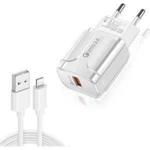 LZ-023 18W QC 3.0 USB Portable Travel Charger + 3A USB naar 8-pins datakabel  EU-stekker(wit)