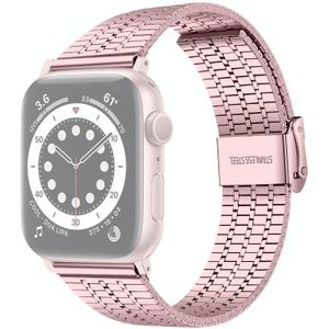 Seven-Beads Double Safety Gesp Staal Vervanging Strap Horlogeband voor Apple Watch Series 6 &amp; SE &amp; 5 &amp; 4 44mm / 3 &amp; 2 &amp; 1 42mm (Rose Pink)