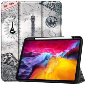 Gekleurde tekening horizontale flip TPU + PU lederen behuizing met drie-opvouwbare houder / slaap / wake-up functie &amp; pen sleuf voor iPad Pro 11 inch (2021) (Eiffeltoren)