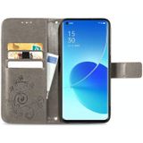 For OPPO Reno6 Pro Four-leaf Clasp Embossed Buckle Mobile Phone Protection Leather Case with Lanyard &amp; Card Slot &amp; Wallet &amp; Bracket Function(Gray)