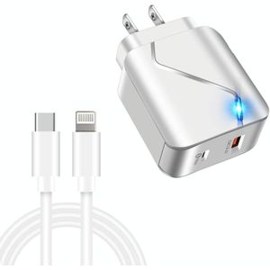 LZ-819A+C 18W QC3.0 USB + PD USB-C / Type-C Interface Travel Charger met Indicator Light + USB-C / Type-C tot 8-pins snelladen datakabelset  AMERIKAANSE stekker(wit)