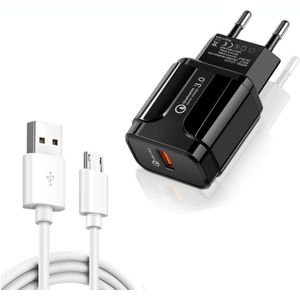 LZ-023 18W QC 3.0 USB Portable Travel Charger + 3A USB naar Micro USB-datakabel  EU-stekker(Zwart)