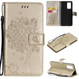 For OPPO Reno6 Pro 5G Tree &amp; Cat Pattern Pressed Printing Horizontal Flip PU Leather Case with Holder &amp; Card Slots &amp; Wallet &amp; Lanyard(Gold)