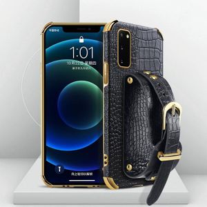 Gegalvaniseerde TPU krokodil patroon lederen geval met polsband voor Samsung Galaxy S20 (zwart)