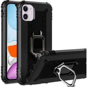 Voor iPhone 12 5 4 inch carbon fiber beschermhoes met 360 graden roterende ringhouder(Zwart)