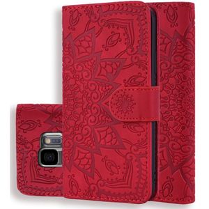 Kalf patroon dubbele vouwen ontwerp reliëf lederen draagtas met portemonnee &amp; houder &amp; kaartsleuven voor Galaxy S9 (rood)