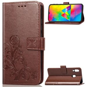 Lucky Clover ingedrukt bloemen patroon lederen draagtas voor Galaxy M20  met houder &amp; kaartsleuven &amp; portemonnee &amp; hand strap (bruin)