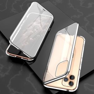 Voor iPhone 11 Pro Max Ultra Slim Double Sides Magnetic Adsorption Angular Frame Tempered Glass Magnet Flip Case(Zilver)