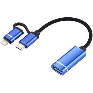 USB 3.0 vrouwelijke tot 8 pin + USB-C / Type-C mannelijke opladen + transmissie OTG nylon gevlochten adapter kabel  kabel lengte: 11cm (blauw)