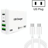 PD100W-A9 PD100W Dual Dort USB-C / Type-C + Dual USB Charger met 5A USB-C / Type-C naar USB-C / Type-C Snellaadkabel voor Apple MacBook Series US Plug